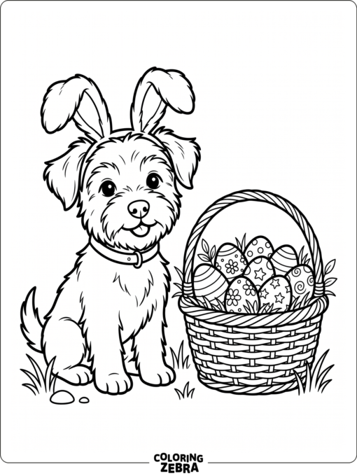 A puppy in bunny ears next to a basket of eggs
