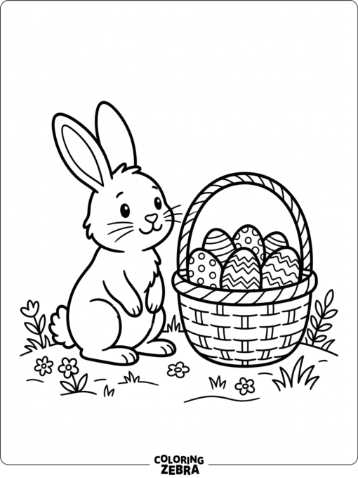 Rabbit beside a woven basket of eggs