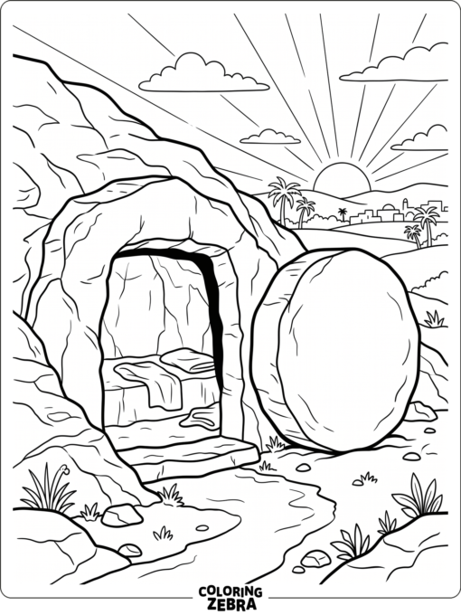 An empty tomb with a rolled stone and sunrise
