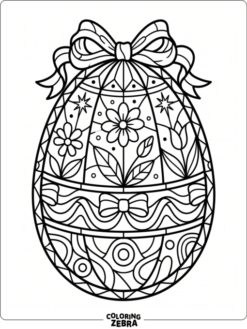 A stained glass Easter egg with flower shapes and ribbon panels