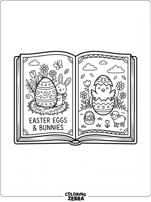 Open storybook with Easter symbols