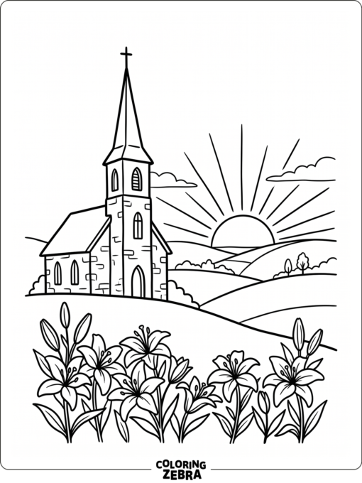 Church steeple with lilies and a sunrise