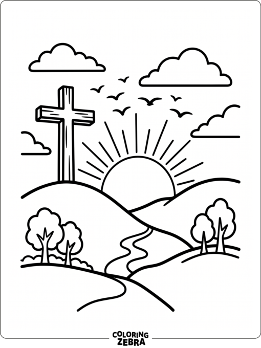 Sunrise over hills with a cross and birds
