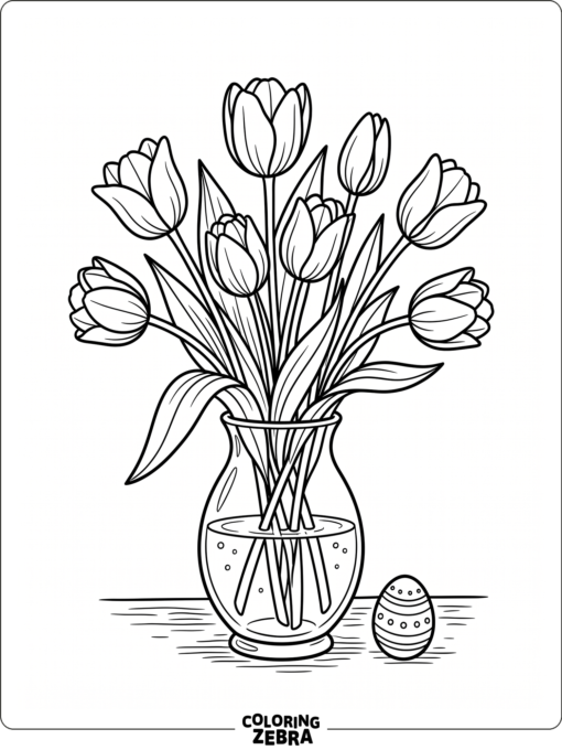 A tulip bouquet in a vase with a small egg