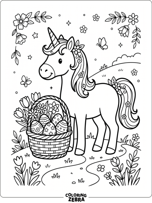 A unicorn with painted eggs and spring flowers