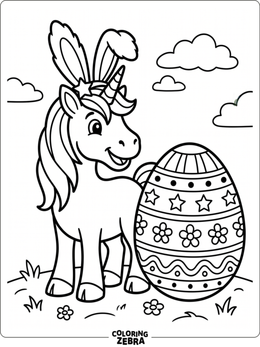 Unicorn with bunny ears beside a decorated egg