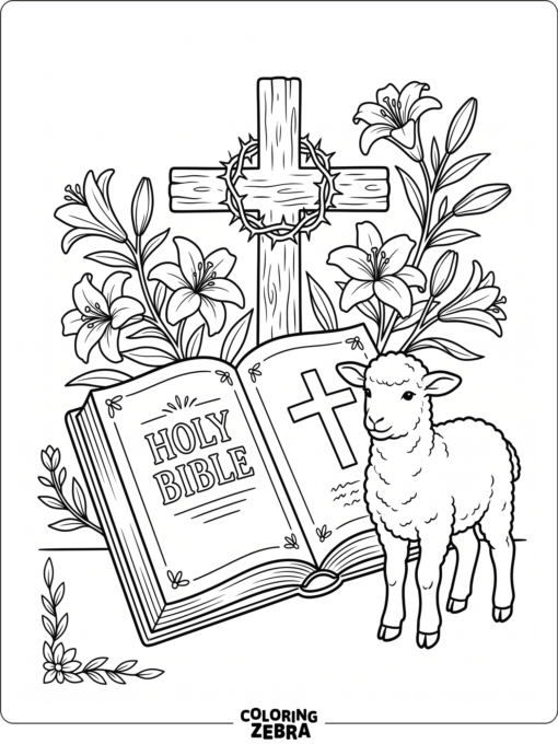 A Holy Week scene with a Bible, cross, lamb, and lilies