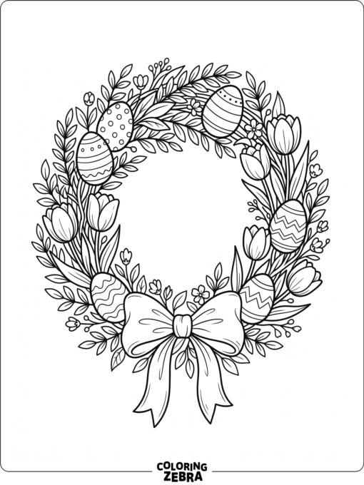 An Easter wreath with eggs, tulips, and a bow