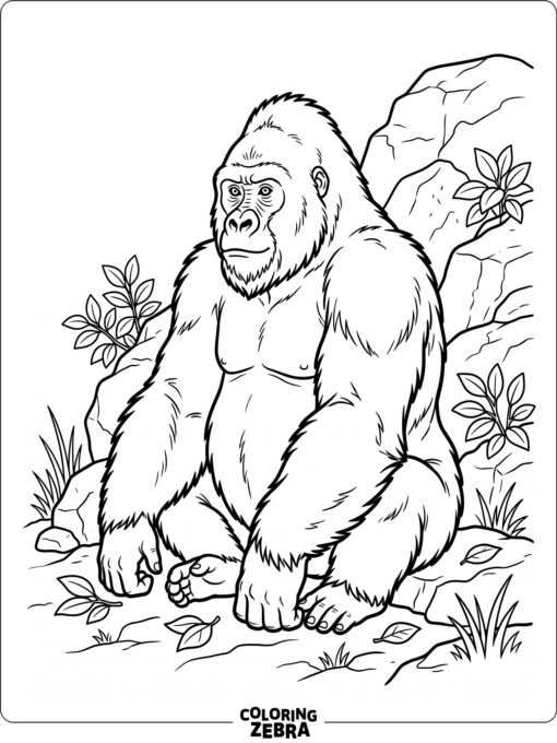 An eastern gorilla sitting near rocks and leaves
