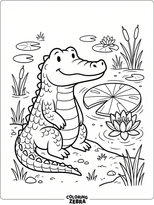 An easy alligator beside a lily pad