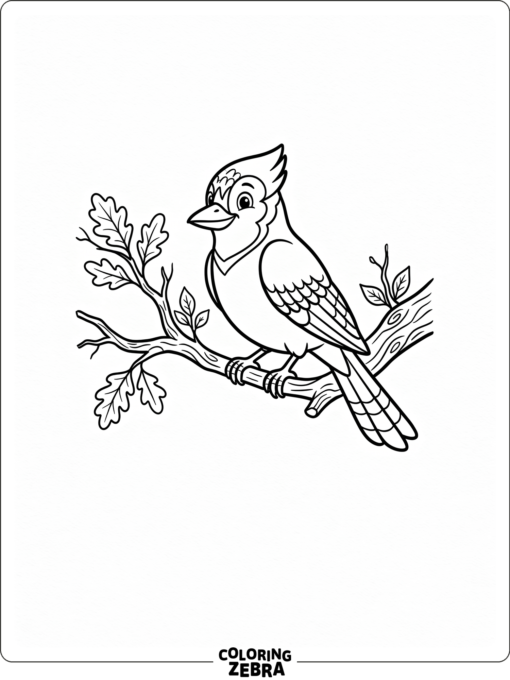 A blue jay resting on a branch with simple leaves