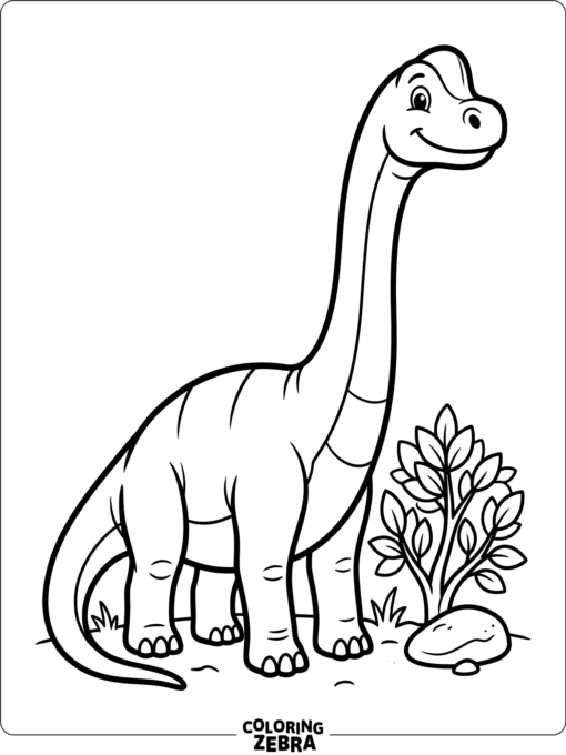 An easy brachiosaurus stands near a bush and pebble