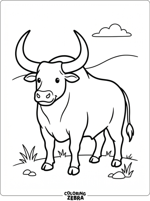 A simple bull with large horns and a clean background