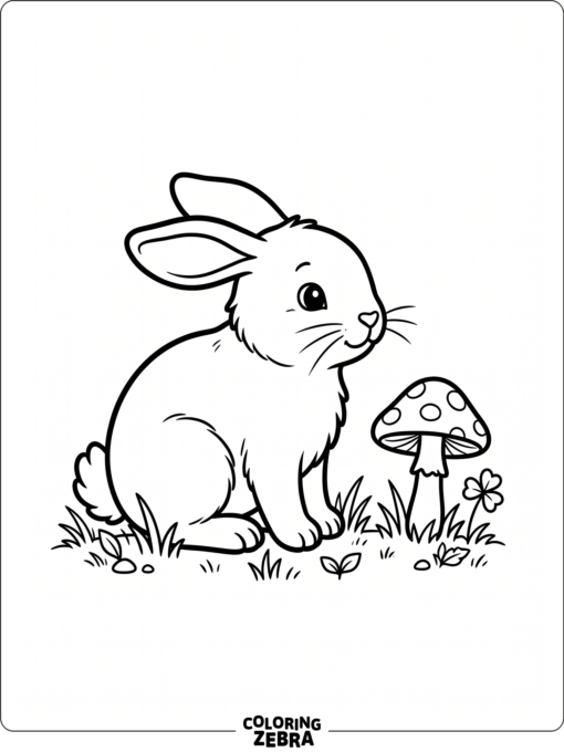 A simple bunny beside a mushroom and clover