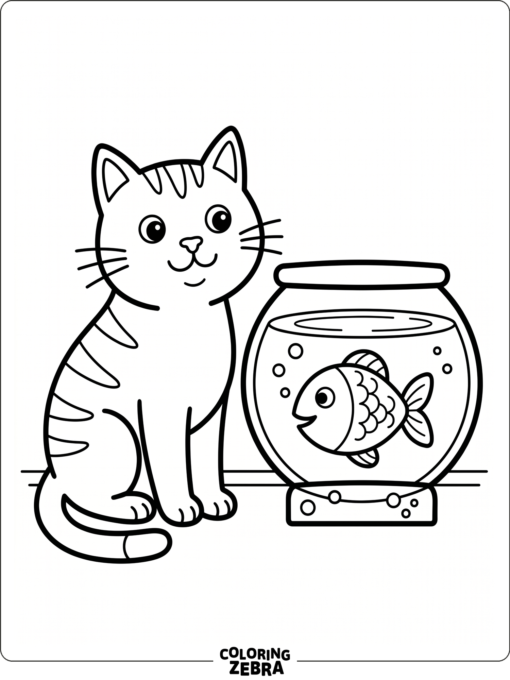 A very easy cat sits beside a fish bowl with large shapes