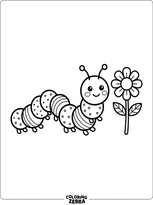 A simple caterpillar with round segments near a flower