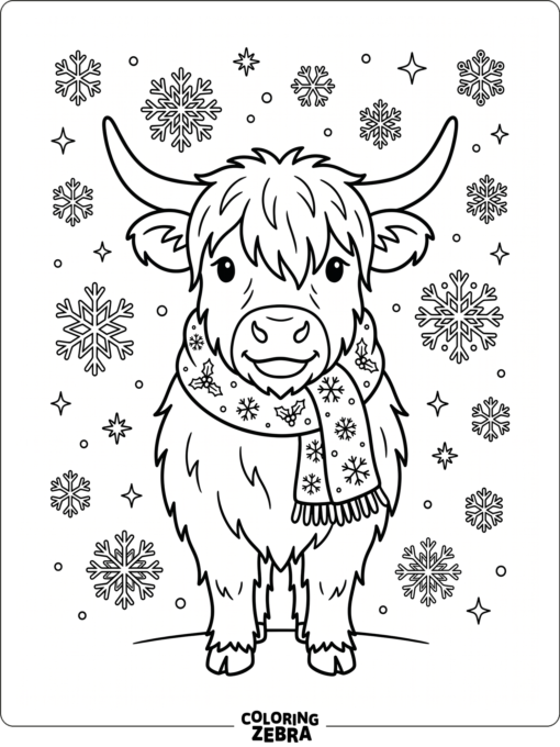 A highland cow wears a Santa scarf while snowflakes drift around it.