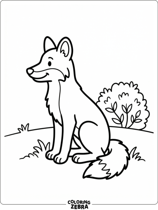 An easy coyote sitting in a field with one bush