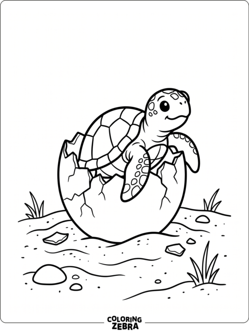 A cute baby turtle hatching from an egg on the sand
