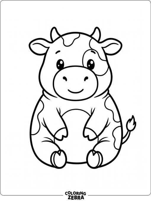 A plush-style cow with a rounded body and tiny hooves sits in a simple pose.