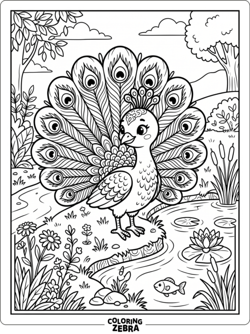 A cute peacock standing by a pond