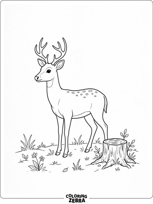 A simple deer standing beside a tree stump