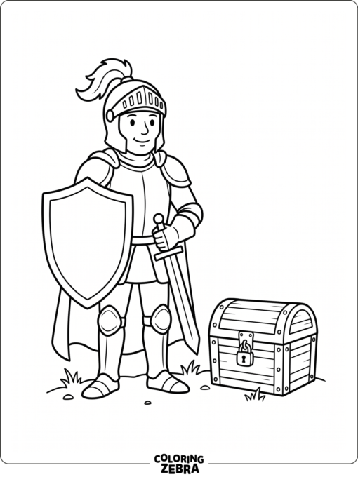 Easy knight with shield and treasure chest