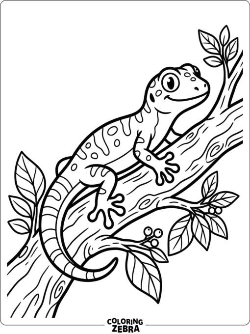 A simple gecko sits on a branch with bold outlines