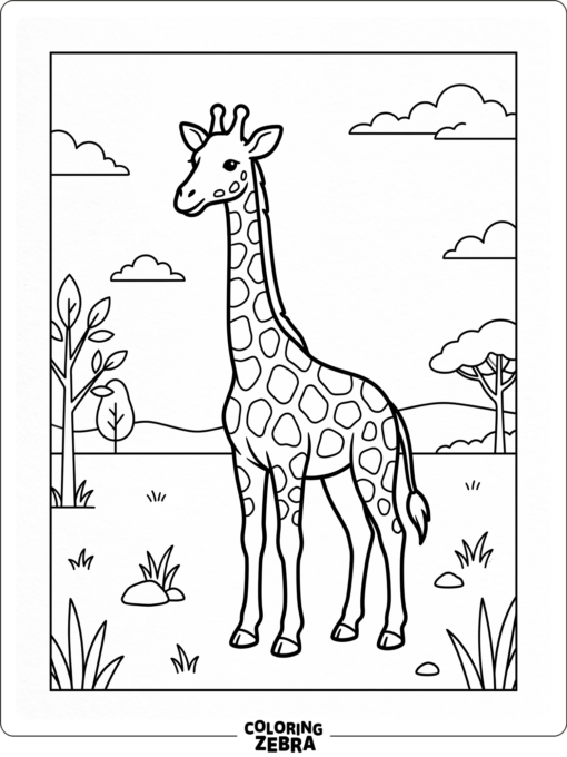 A single giraffe standing in an open field with bold outlines