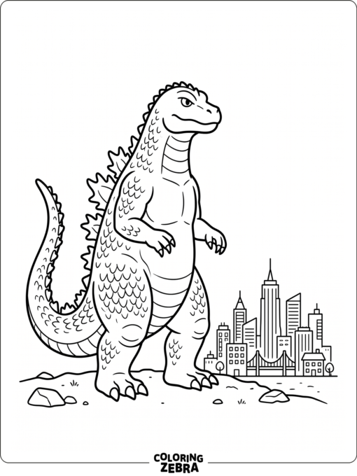 A simple Godzilla standing by a city skyline