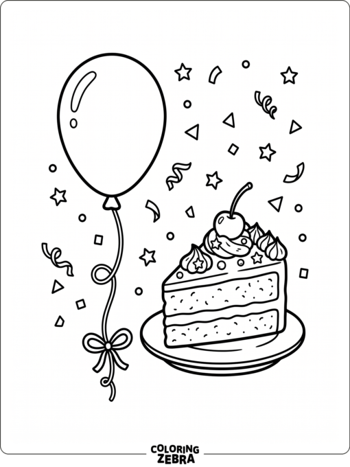 Simple birthday balloon, cake slice, and confetti