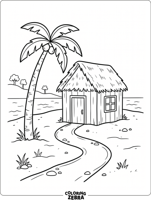 A simple island hut beside a palm tree