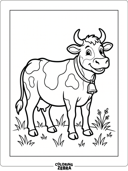 A friendly cow stands alone with a few grass tufts around it.