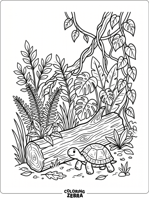 A simple jungle scene with vines, plants, and a turtle