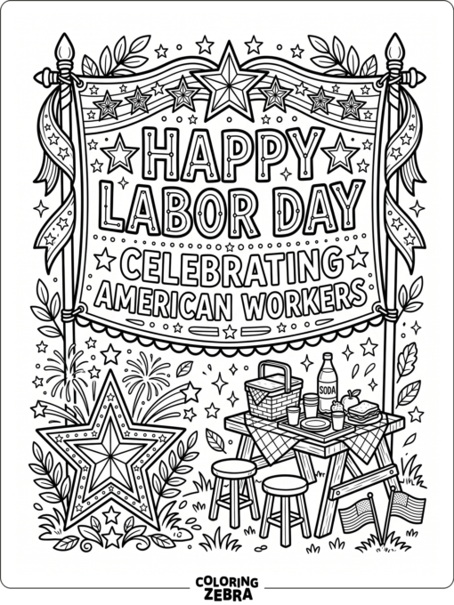Easy Labor Day banner with stars and a picnic table