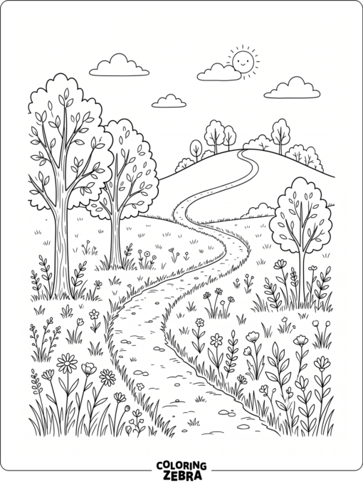 A simple meadow path with trees and a hill