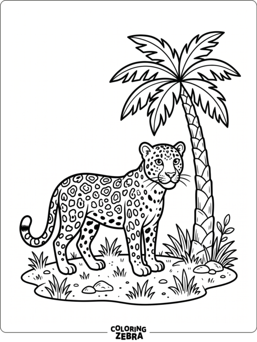 A simple leopard standing beside a palm tree