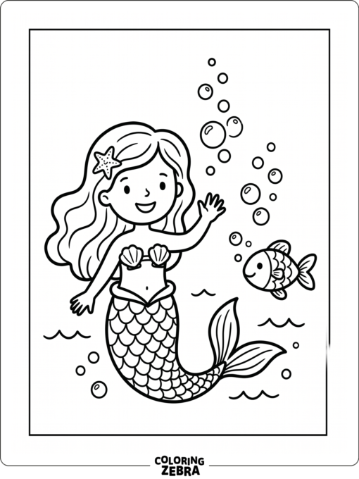 A simple mermaid waving beside a small fish