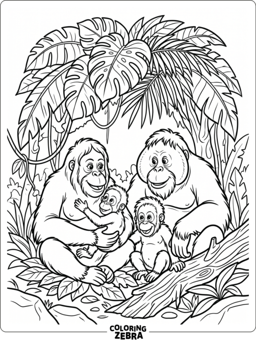 An orangutan family under large jungle leaves