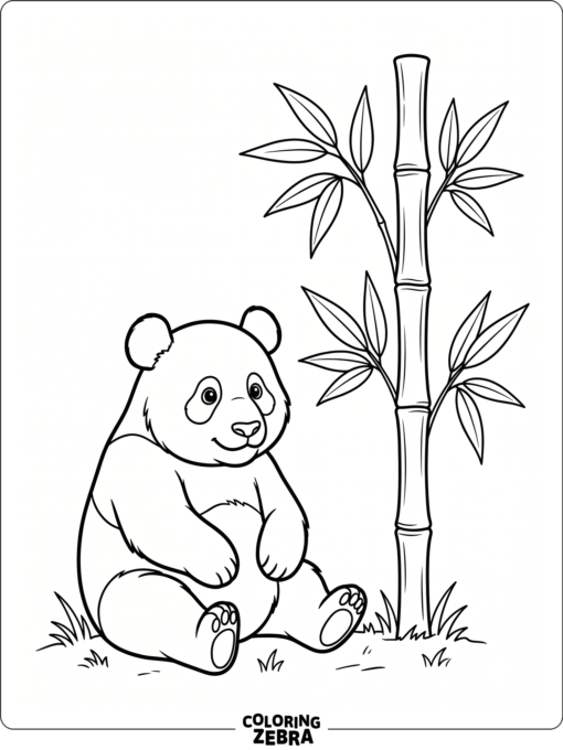 A panda sits beside one bamboo stalk