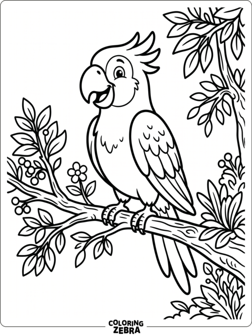 A cartoon parrot smiling on a branch