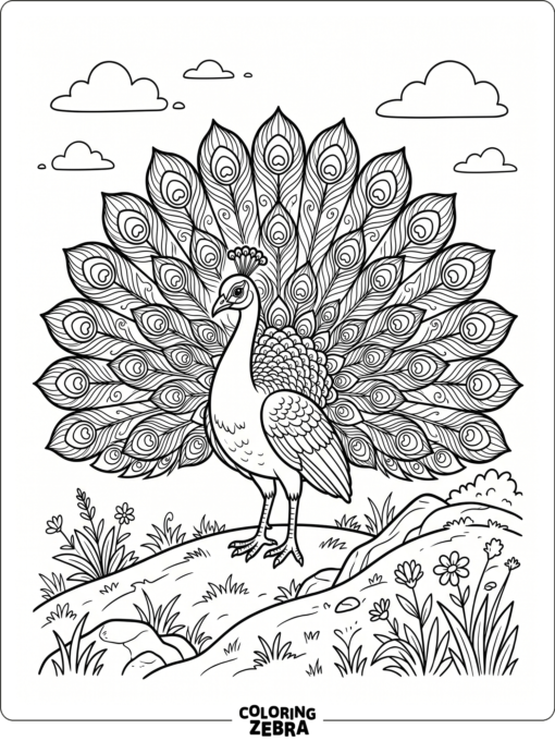 A peacock with a spread tail on a hill