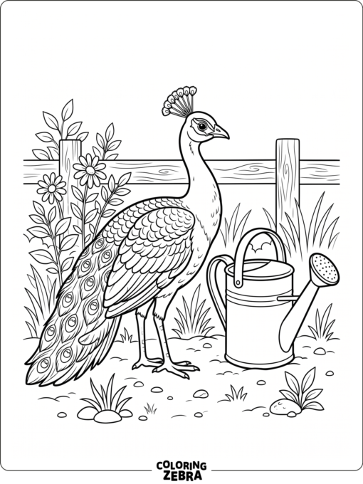 A young peacock standing beside a watering can