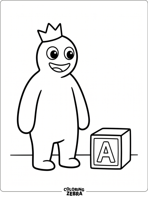 Blue from Rainbow Friends standing by a toy block