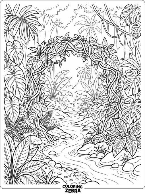 A rainforest with thick trees and a parrot on a branch