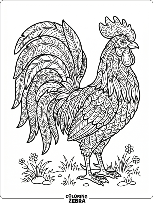 A detailed rooster shows layered feathers and patterned tail shapes in a clean scene.