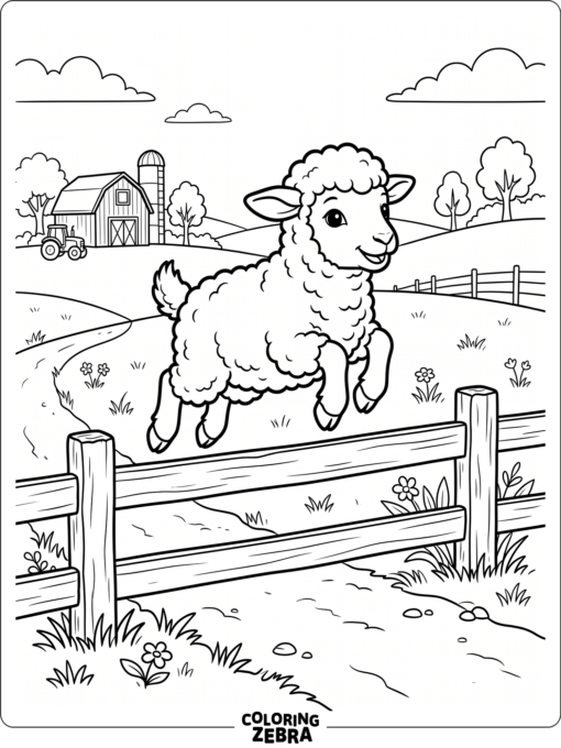 A young sheep jumping over a fence