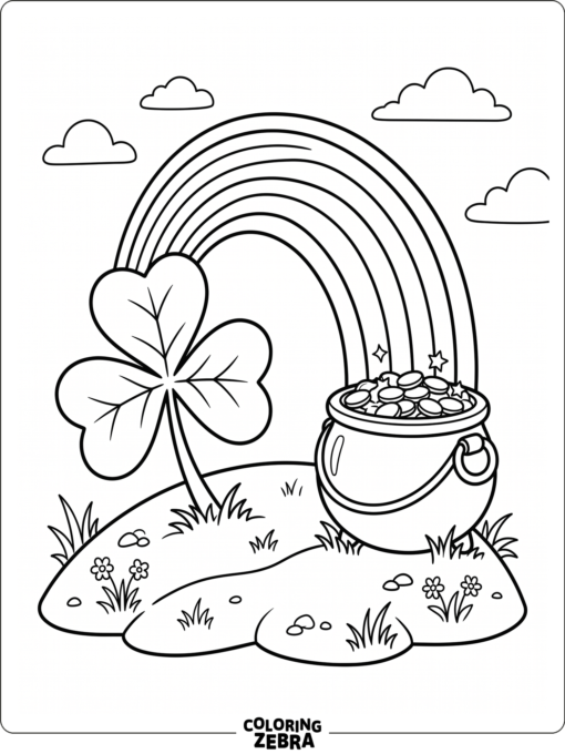 Easy shamrock, pot of gold, and rainbow scene