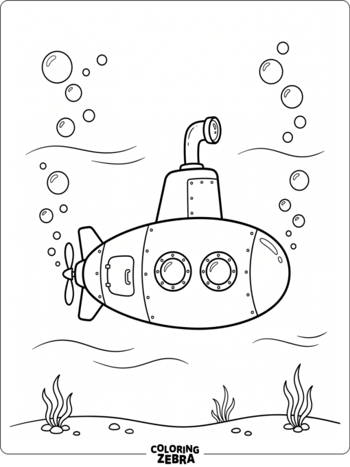 A simple submarine floating underwater with bubbles