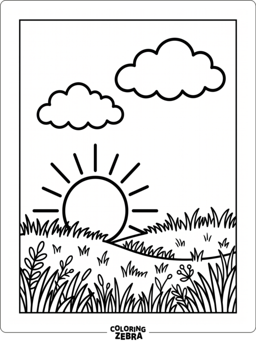 A very simple sunset with clouds and grass